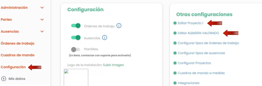 configuracion modelo de parte de trabajo