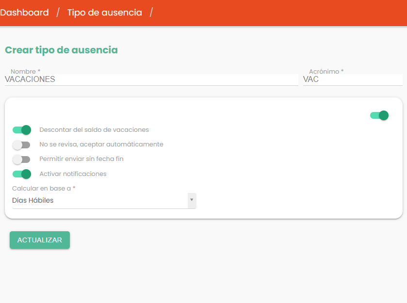 crear tipo de ausencia