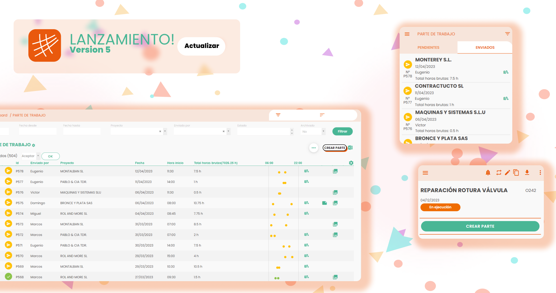 imagen lanzamiento version 5 itcons.app partes de trabajo, ordenes de trabajo y ausencias