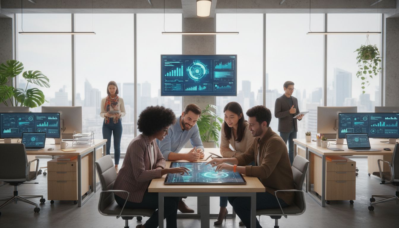 7 beneficios clave de la digitalización empresarial para pymes 1 Equipo pyme colaborando con tecnología digital