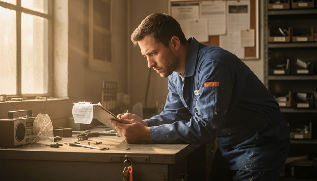 Maintenance worker checking order at desk