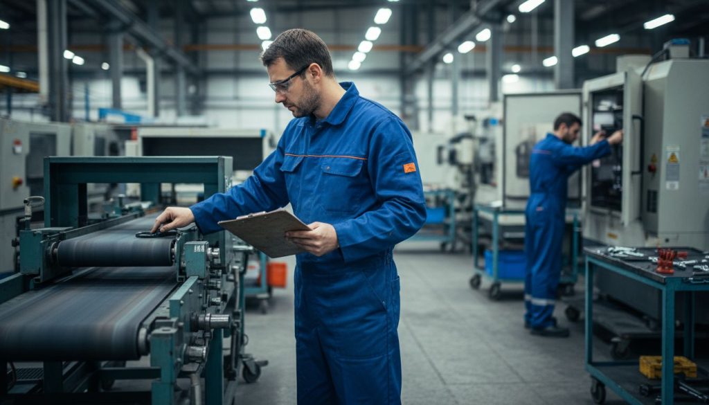 Technician inspecting conveyor on factory floor