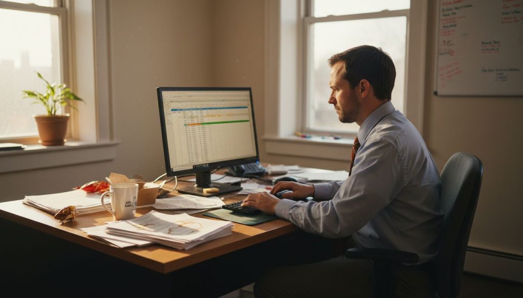 Trabajador revisando registro de horas en Excel