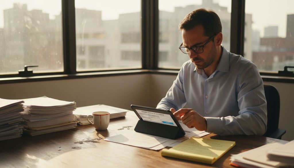 Un empleado completa un parte de accidente digital desde su escritorio en una esquina.