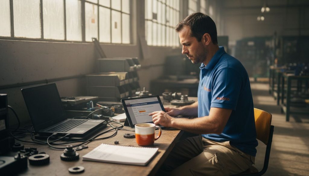 Empleado utilizando herramientas digitales en un entorno industrial