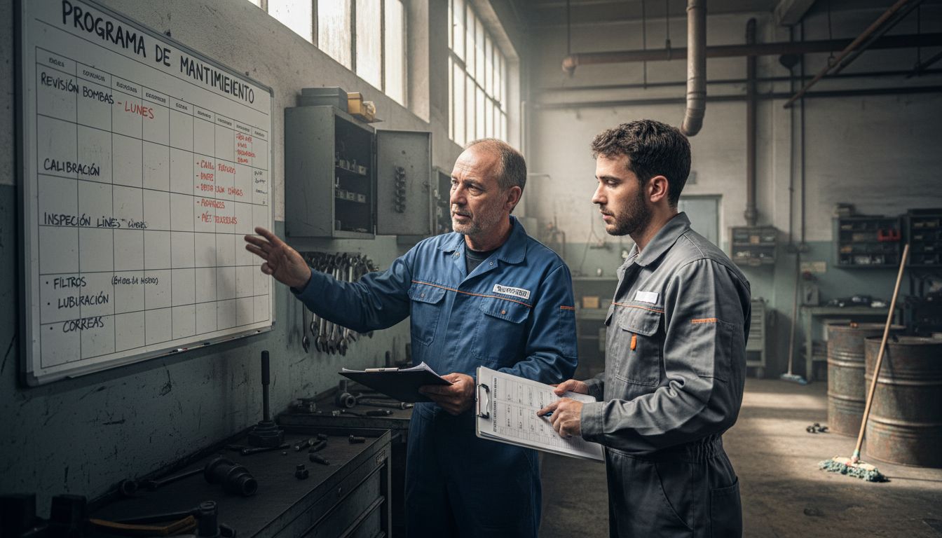 El jefe de mantenimiento revisa el calendario de tareas junto con el técnico.