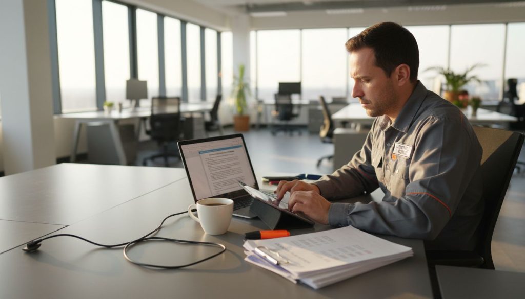 Técnico revisando el informe digital de mantenimiento