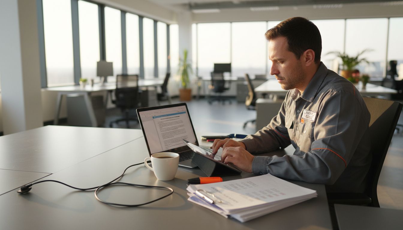 Técnico revisando el informe digital de mantenimiento