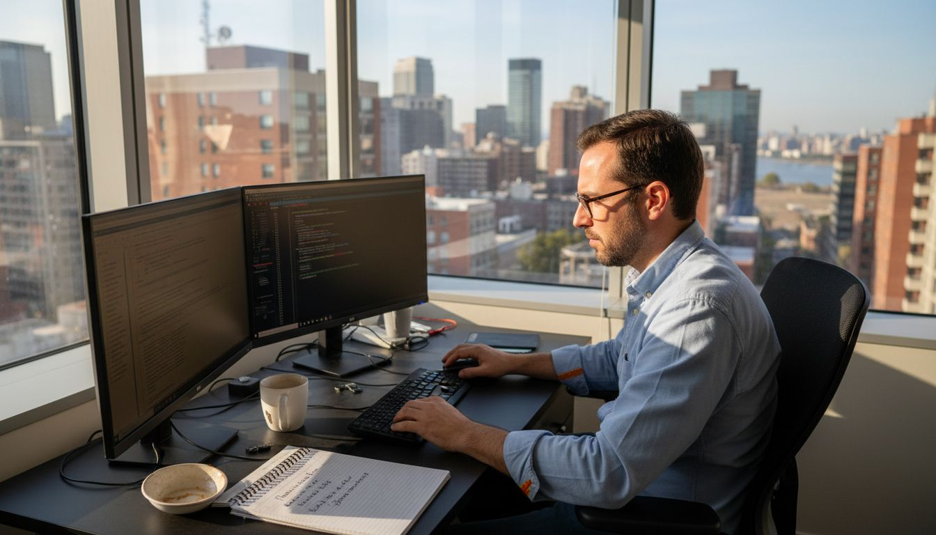 Un técnico informático realiza actualizaciones de software en una oficina luminosa y soleada.
