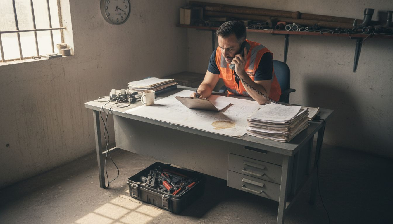 El responsable de mantenimiento revisa el registro de incidencias en su despacho.