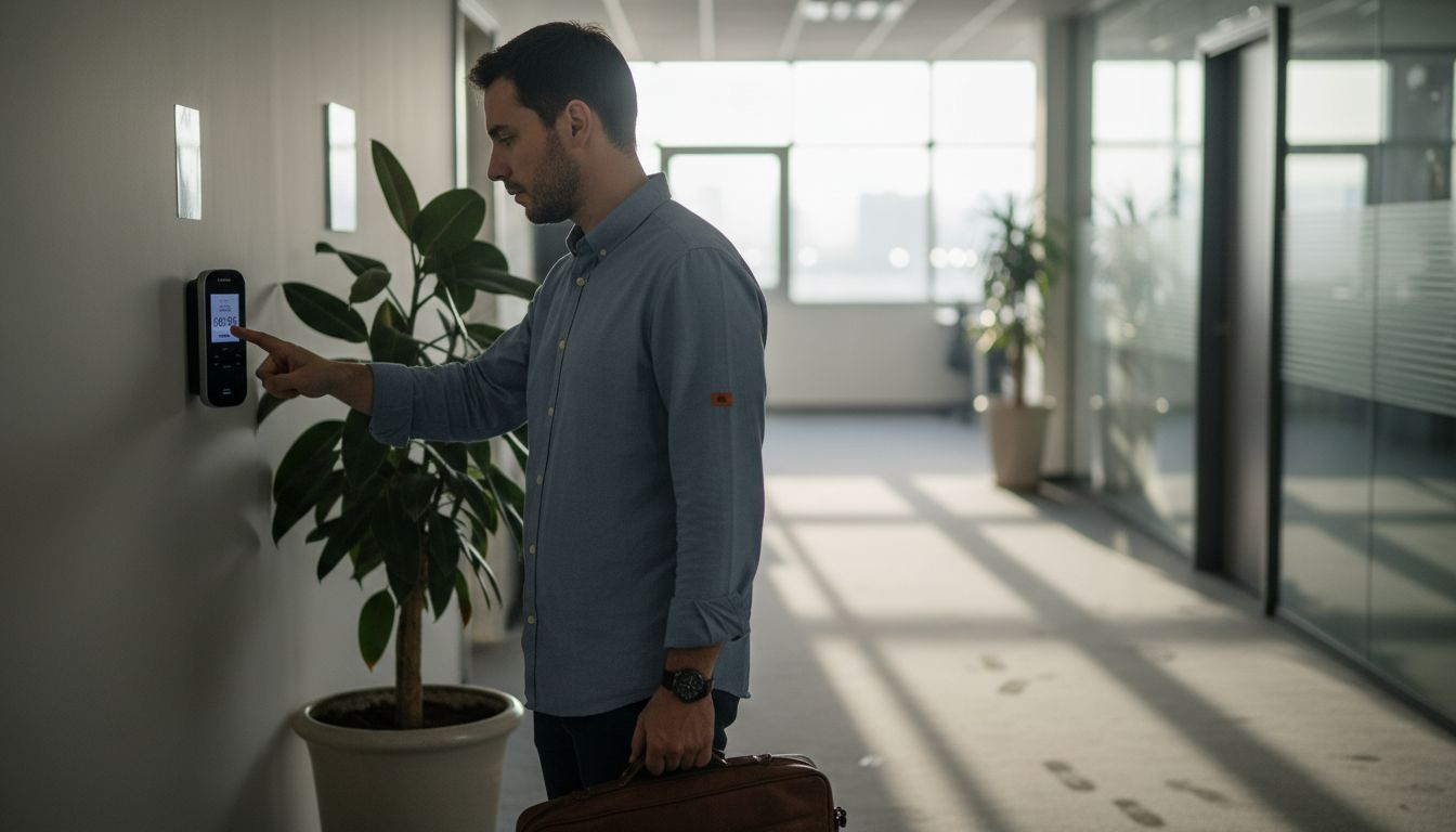 Empleado registrando su hora de entrada en la oficina