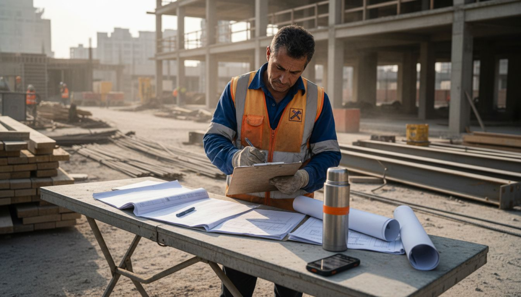El encargado de obra revisa la documentación en plena construcción urbana.