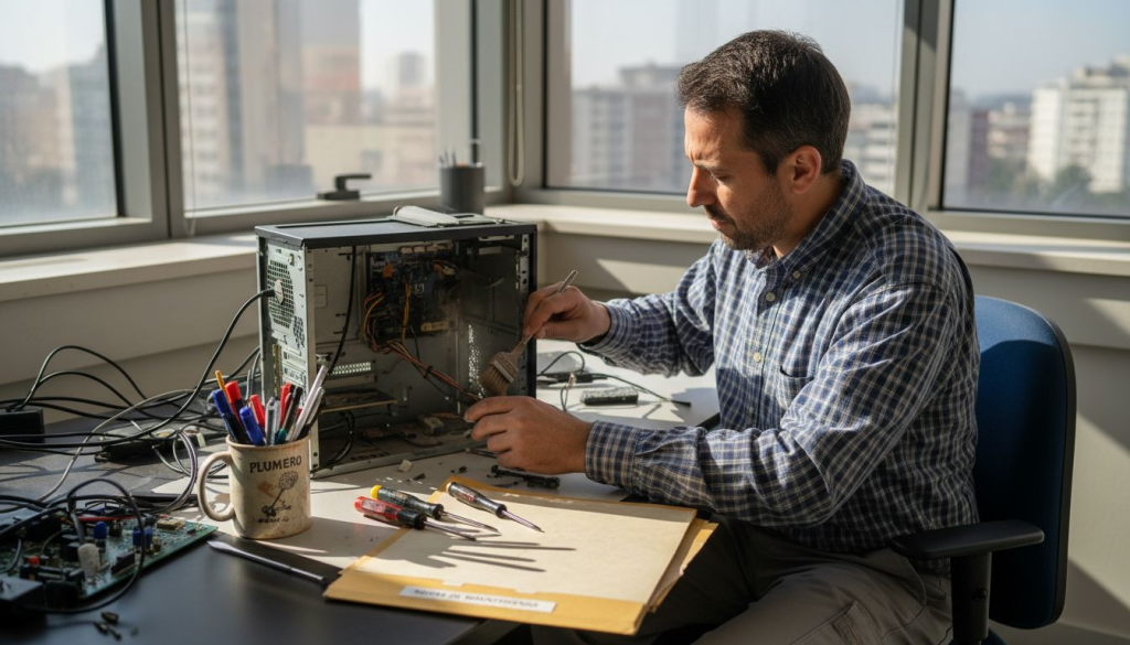 Especialista revisando y dando mantenimiento preventivo a un ordenador