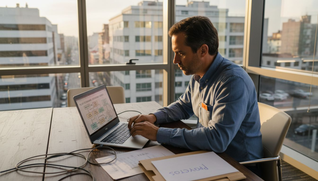 El gerente supervisa el manejo de los documentos digitales.