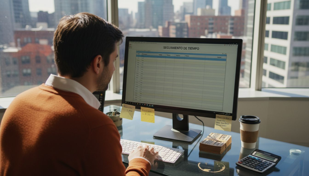 Empleado registrando sus horas de trabajo desde su escritorio