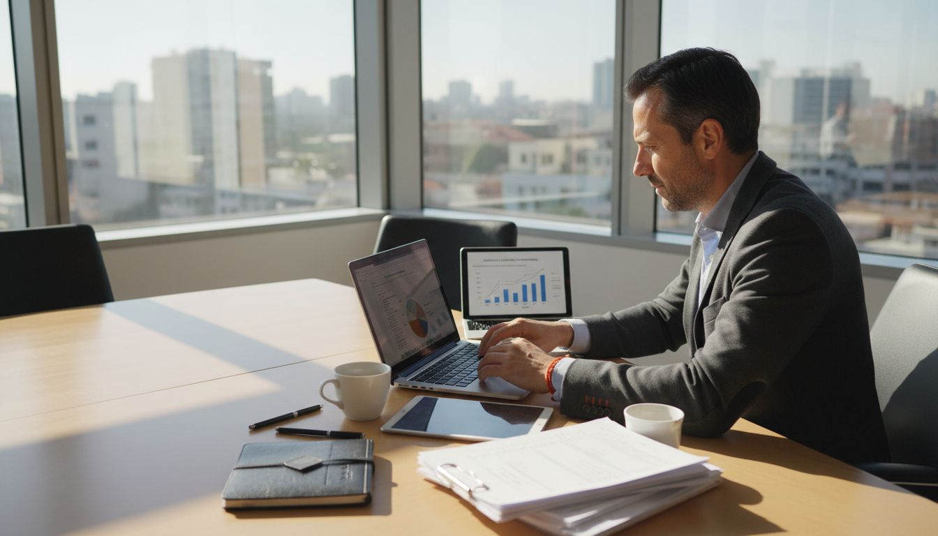 Empresario supervisando operaciones automatizadas en una oficina llena de actividad