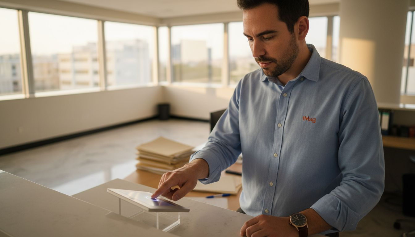 Empleado identificándose mediante lector de huellas dactilares