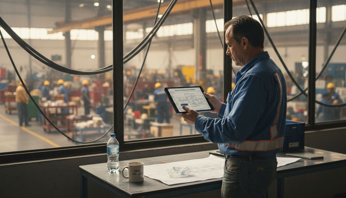 El encargado de la planta supervisa los sistemas digitales desde la sala de control.