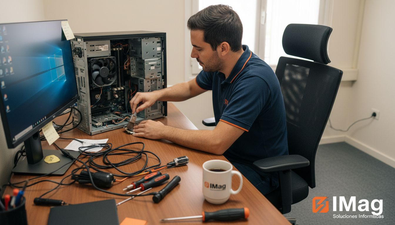 Un técnico realiza tareas de mantenimiento en un ordenador dentro de una oficina pequeña.