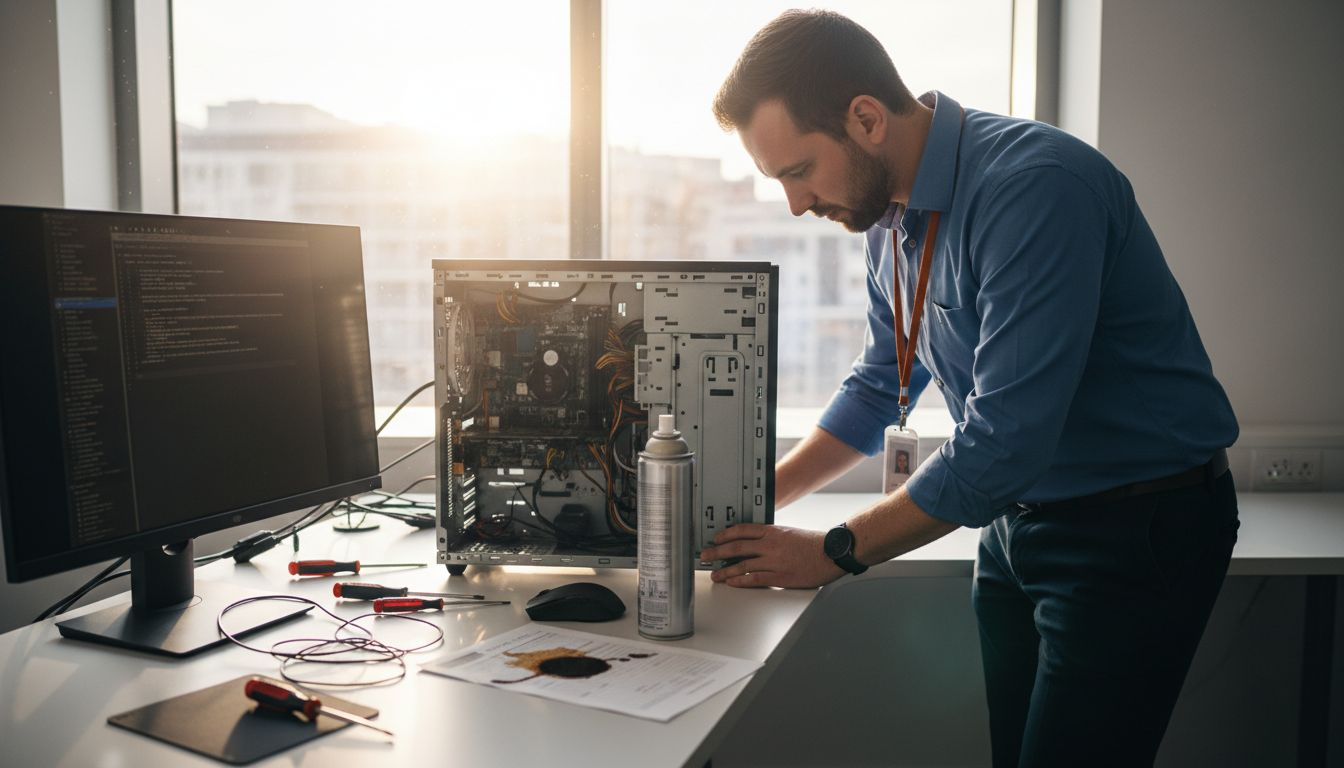 Un técnico realiza el mantenimiento de un ordenador en una oficina.