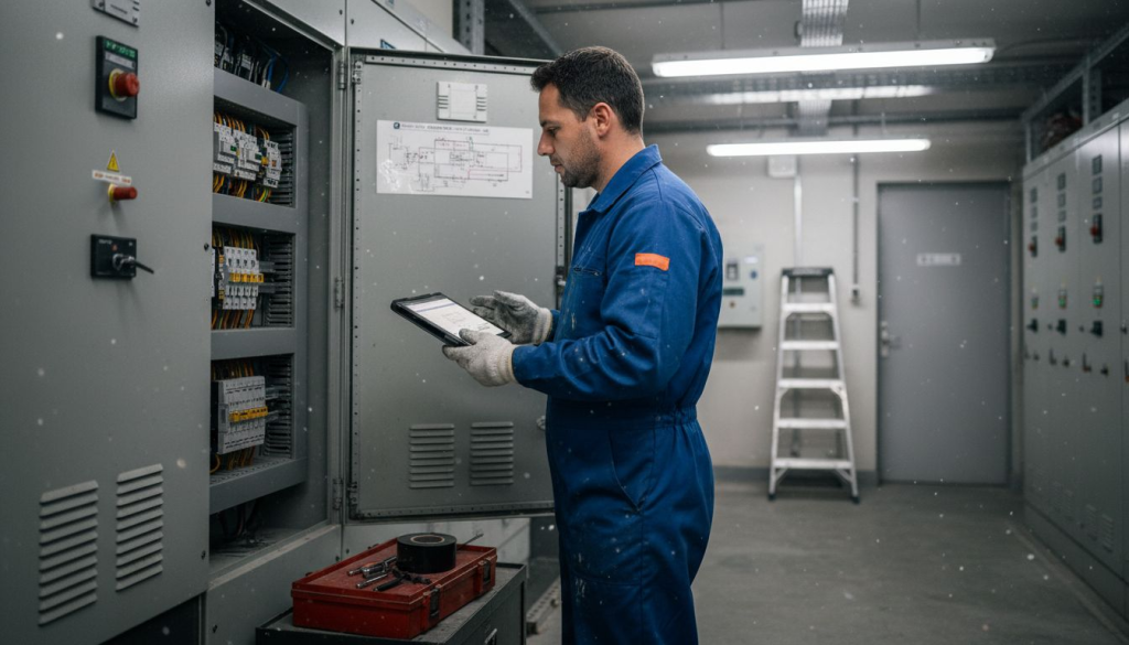 Un técnico analiza el informe digital mientras trabaja en la sala de máquinas.