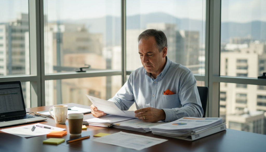 Especialista analizando reportes de trabajos de reparación