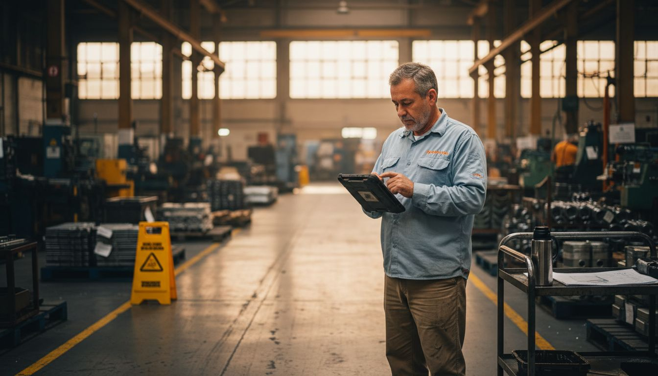 7 claves para la digitalización de la industria en 2025 1 El responsable de la fábrica revisa información en una tablet mientras supervisa la producción.