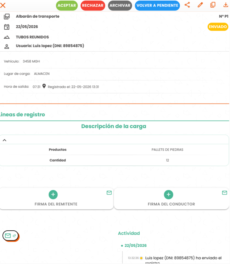 albarán de transporte en la app móvil de itcons