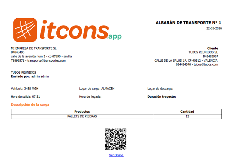 PDF de albarán de transporte con QR para consulta digital