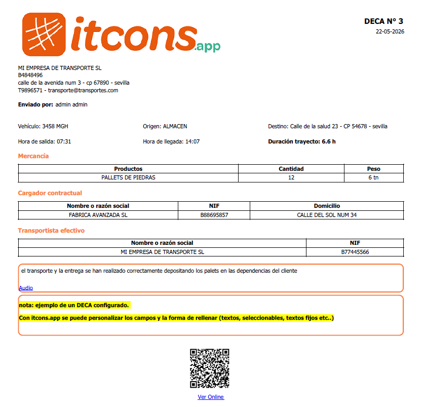 Documento de control digital de transporte DCDT y DeCA 3 PDF de albarán de transporte con código QR de control