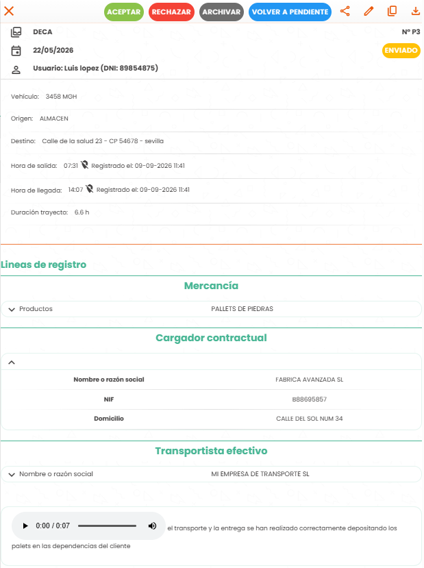 Documento de control digital de transporte DCDT y DeCA 1 Albarán de transporte digital en la aplicación ITCONS